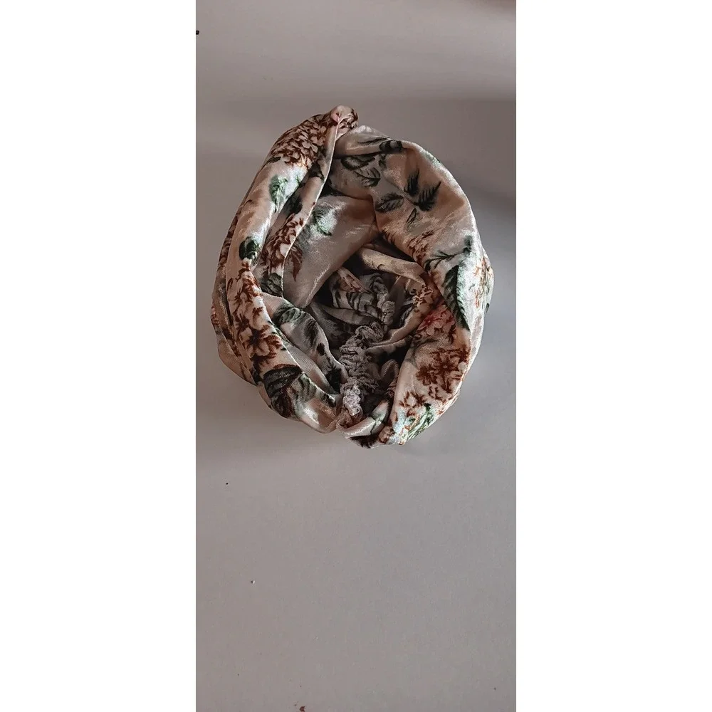 Brown Floral Velvet Front Twist Modest Bohemian Headpiece Hijab Cap Turban